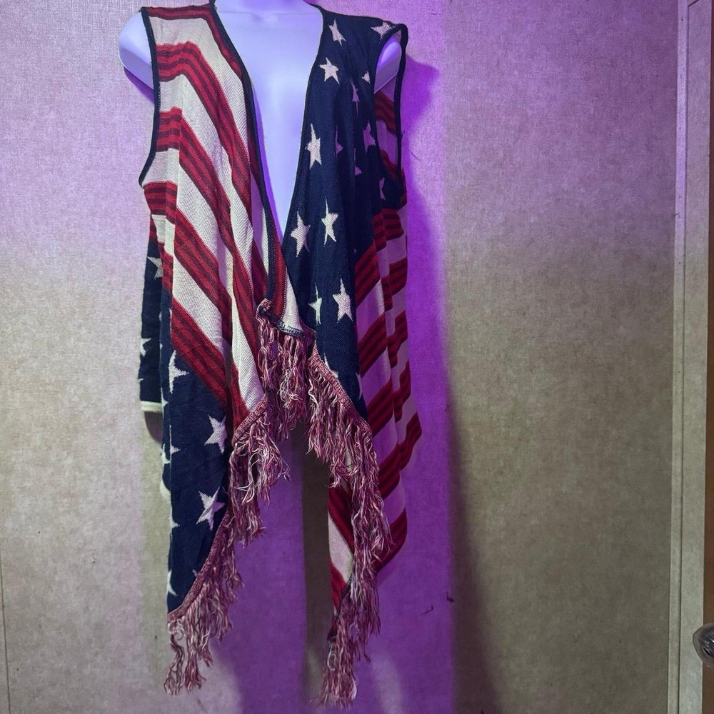 Americana Patriotic American Flag Fringe Poncho Vest Shawl